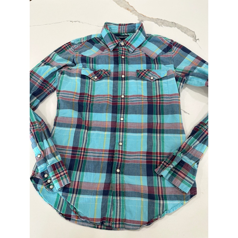 Ralph Lauren Sport Womens‎ Turquoise Plaid Western Snap Button Down Shirt Size 4